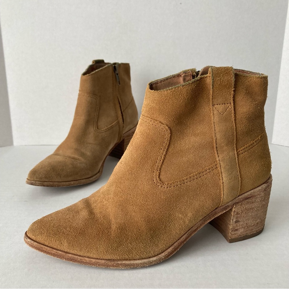 Madewell Tan Suede Pointed Toe Western Ankle Boots Stacked Block Heel Side Zip